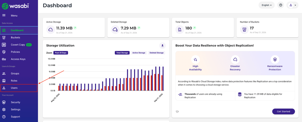 จากหน้า Dashboard ของ Wasabi ให้เลือกเมนู Users ที่แถบเมนูด้านซ้าย จากหน้า Dashboard ของ Wasabi ให้เลือกเมนู Users ที่แถบเมนูด้านซ้าย