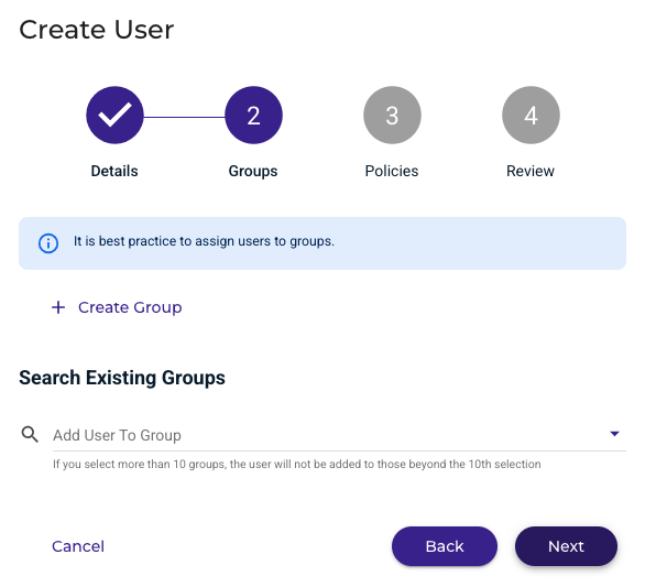 ขั้นตอน Groups สามารถเลือก Group ที่ต้องการให้ User เข้าร่วมได้ หรือข้ามขั้นตอนนี้หากไม่มีสามารถสร้างใหม่ได้