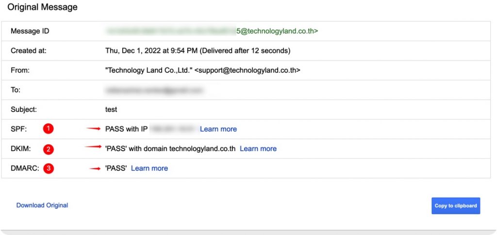 หน้าจอแสดง Message Source ของ Email ใน Gmail